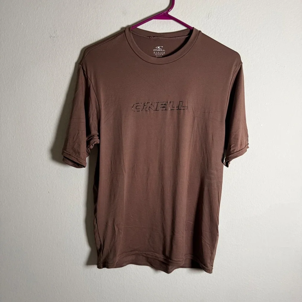 Oneill Mens Brown Short Sleeve Rash Guard Swim Shirt Medium RN77131 Logo